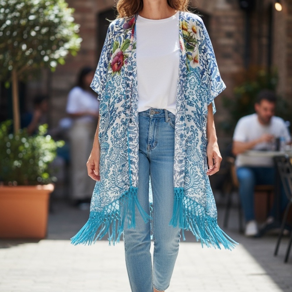 Johnny Was Blue Floral Paisley Fringe Kimono